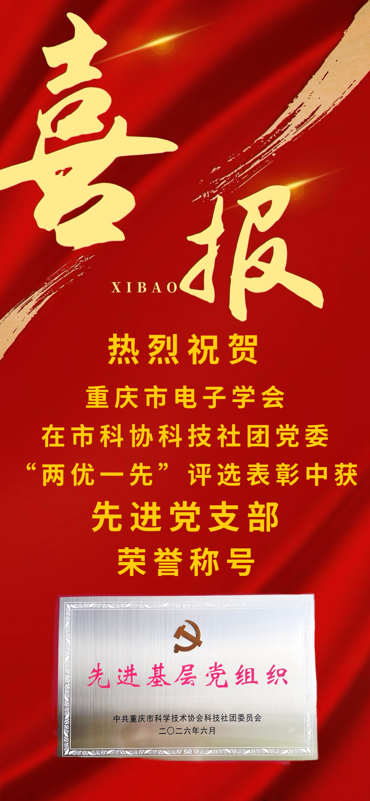 【喜报】热烈祝贺重庆市电子学会党支部荣获“先进党支部”荣誉称号